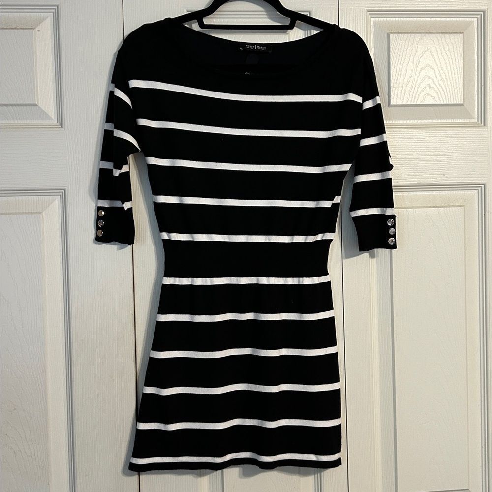 WHITE HOUSE BLACK MARKET Size X-Small Black White Striped Dress Stretch Blouson